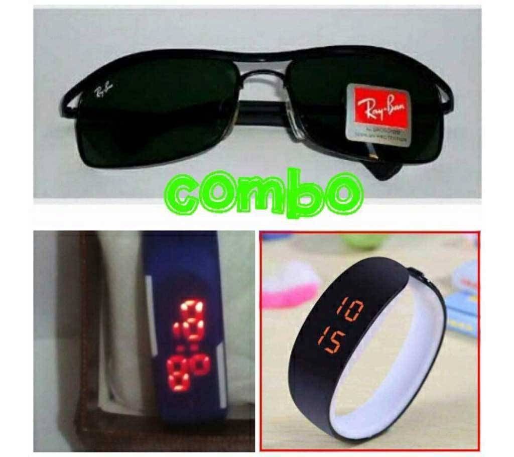 2 Gents LED Watch+1 Ray Ban Sunglasses Combo 