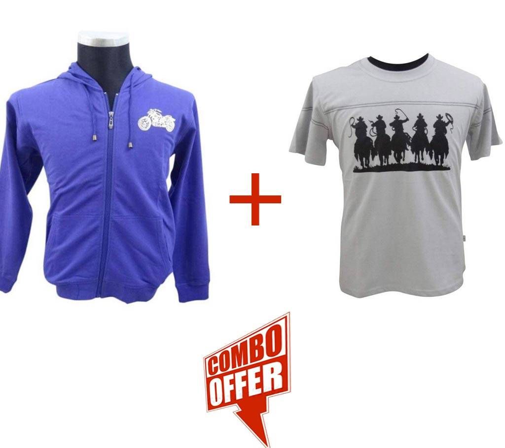 Navy Blue Hoodie + Quite Grey Stitch T-Shirt Combo Offer 