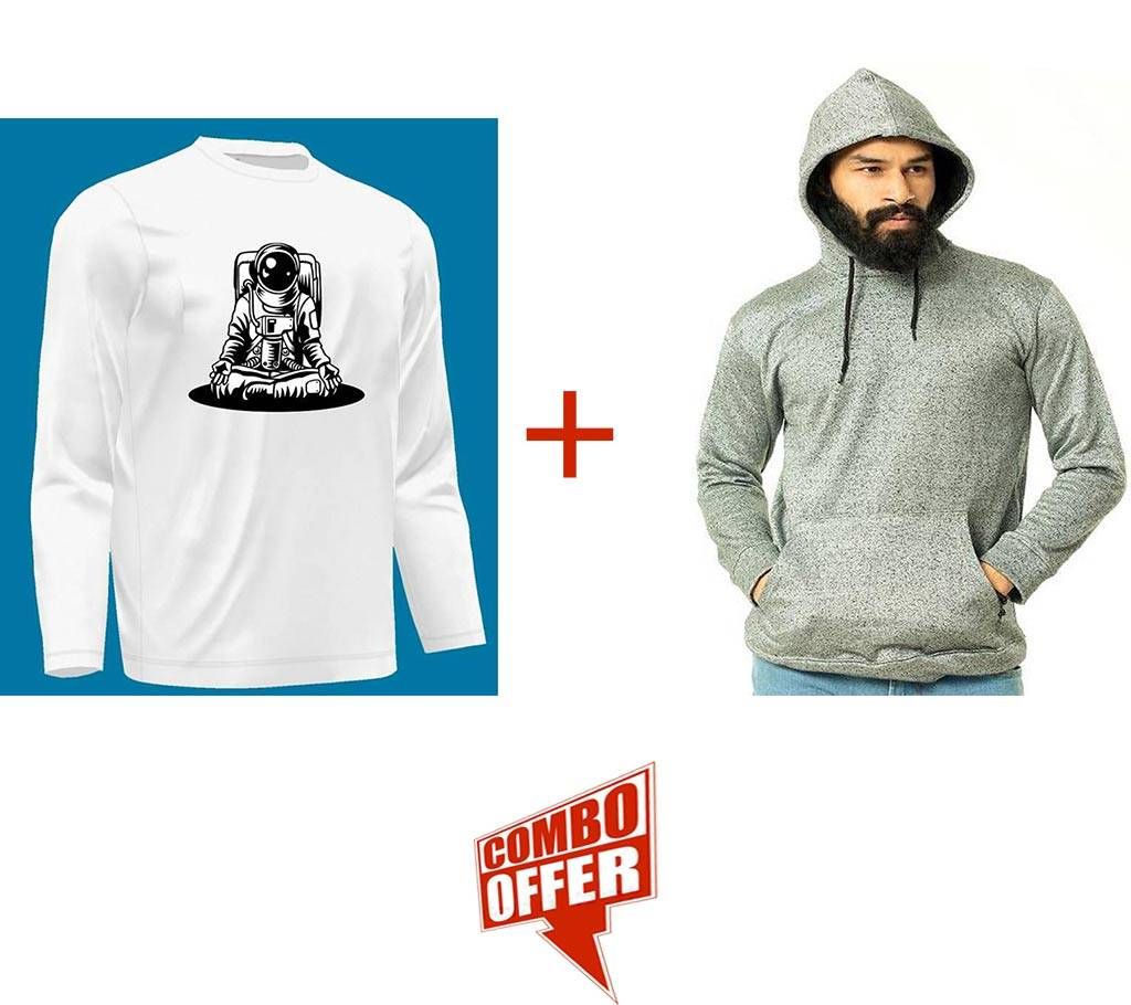 PMenz Cotton Hudy-Ash + Astronaut New Year Full Sleeve T-Shirt Combo Offer 
