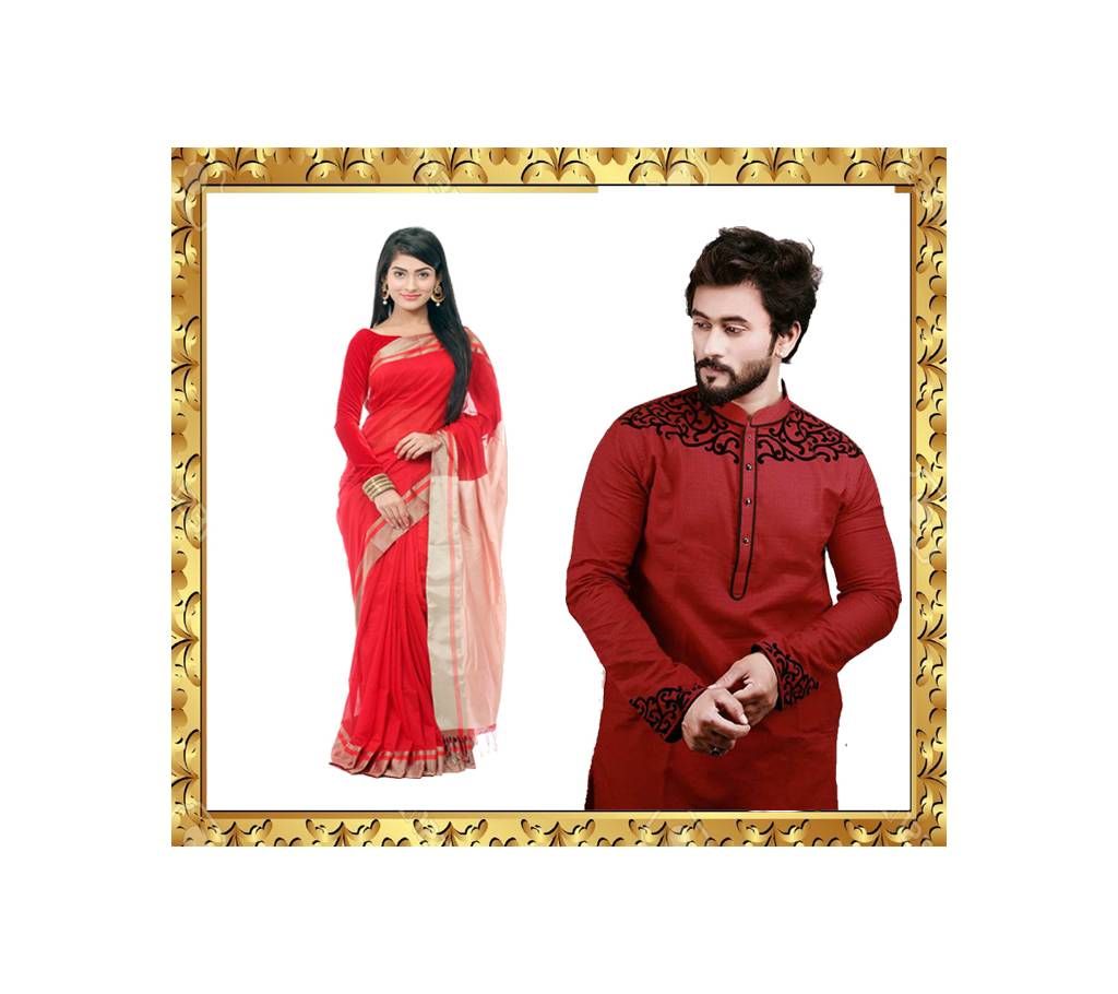 Indian Cotton Punjabi and Silk Saree Couple Combo Offer