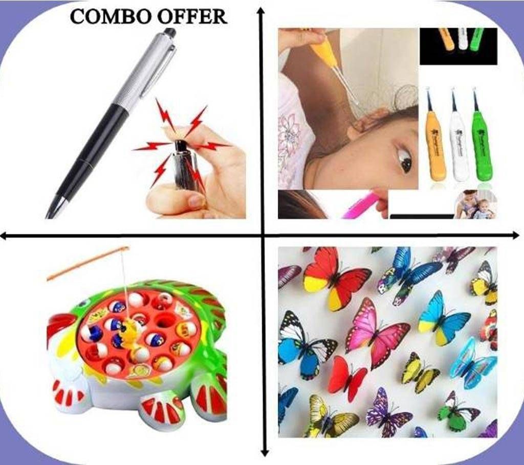 electric shock pen toy for kids + LED Ear Pick + catching fish toy for kids + Butterfly wall sticker combo offer
