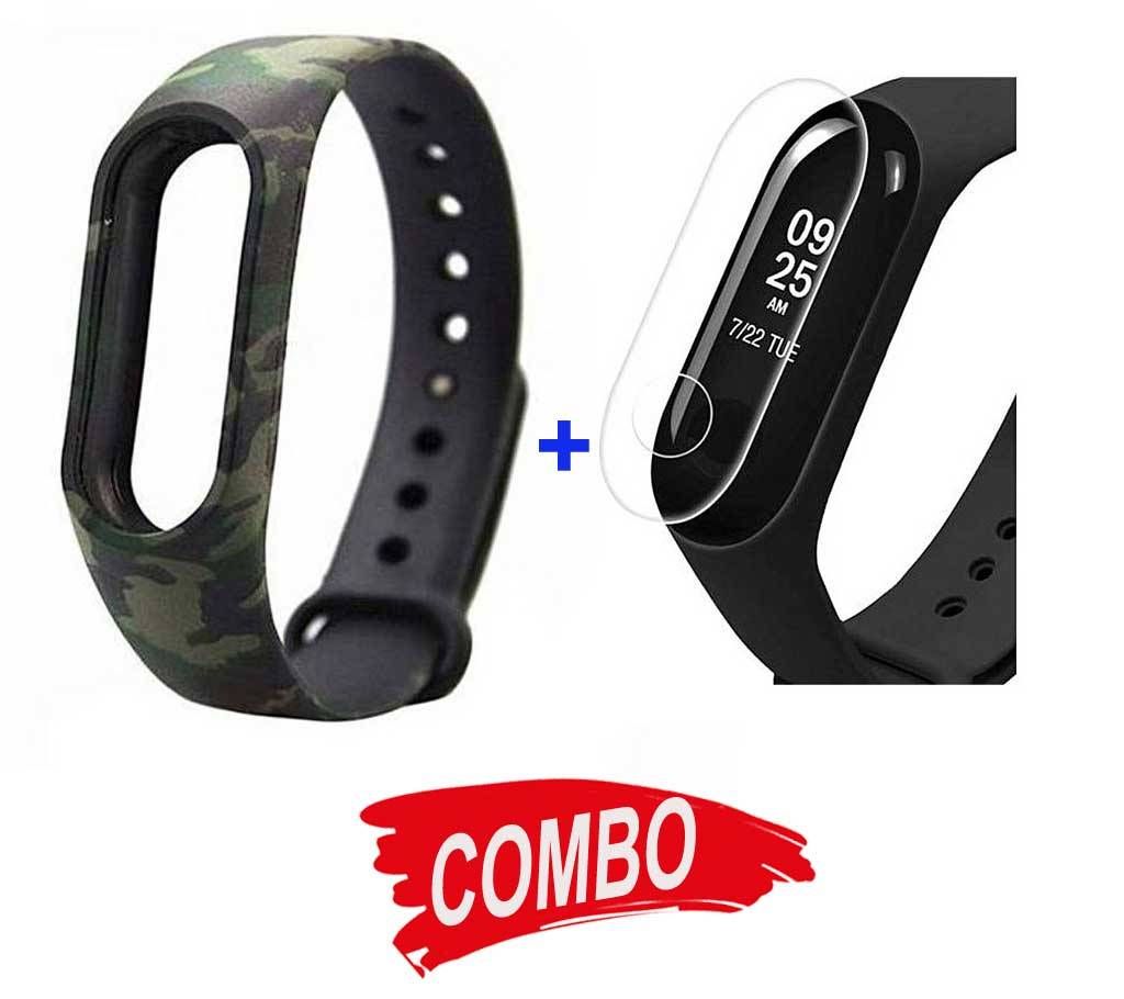 Xiaomi Mi Band 3 Replaceable Silicone Strap Army Design + Transparent Screen Protector Combo Offer