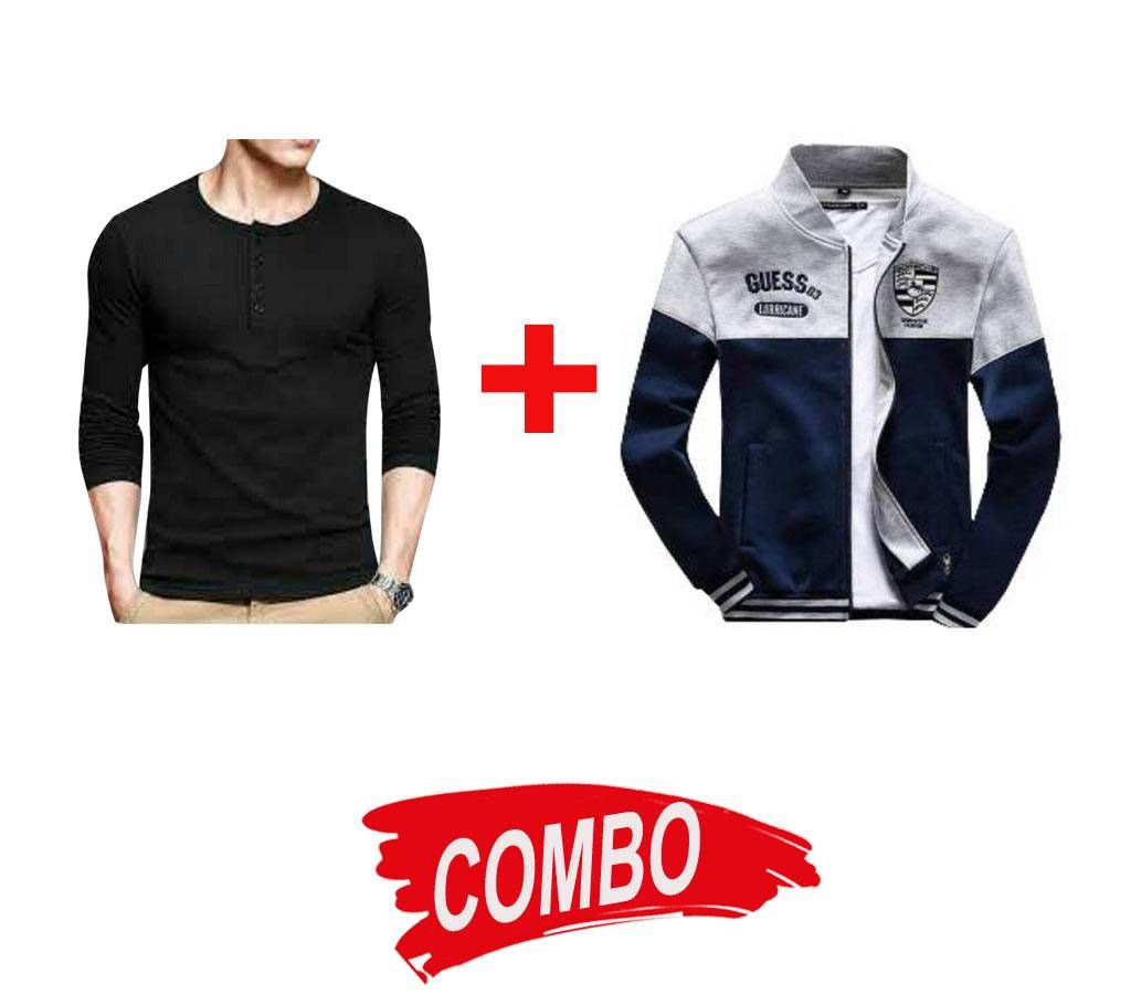 Navy Blue & Light Gray Cotton Jacket + Menz full sleeve t-shirt combo 