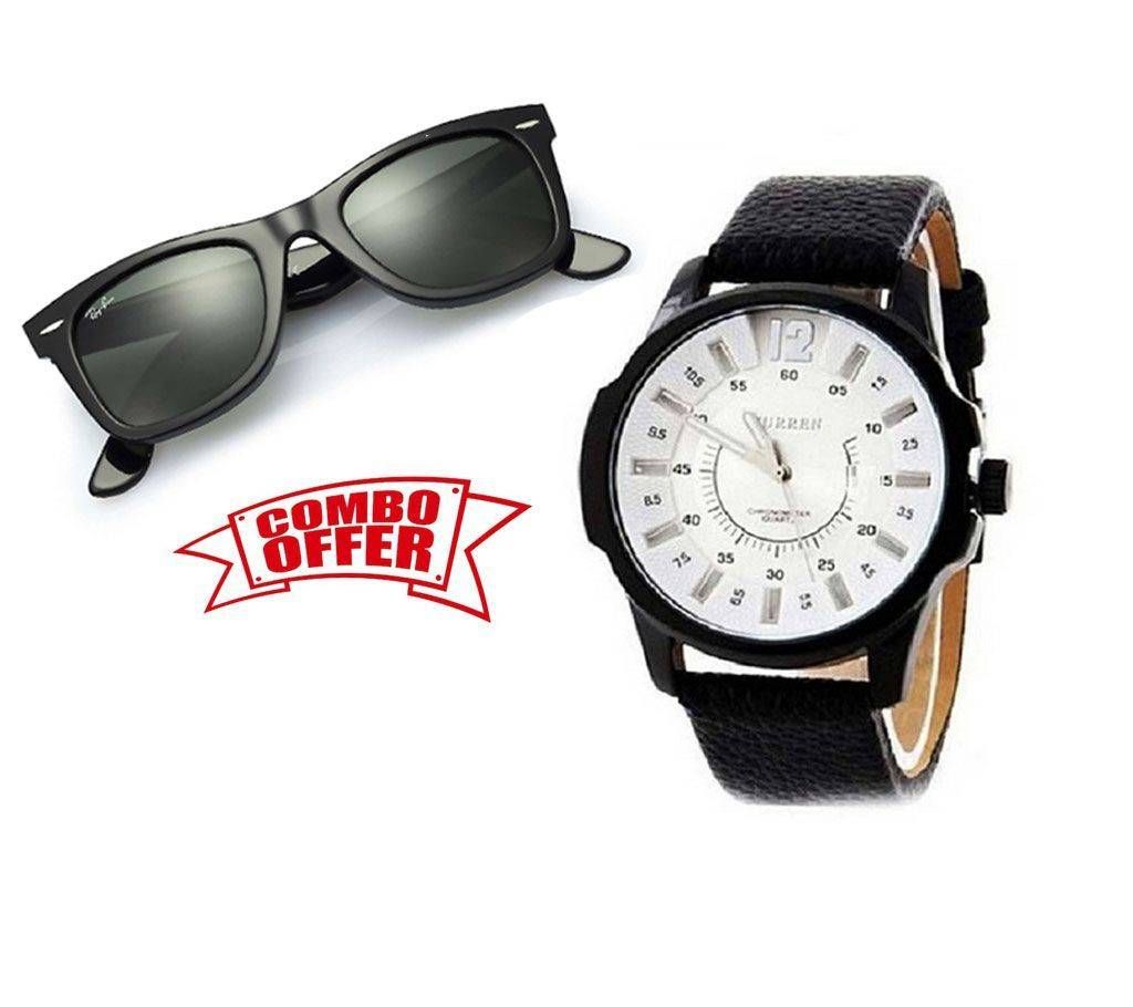 Combo Offer Curren White Deal Rist Watch And Ray Ban Sunglass