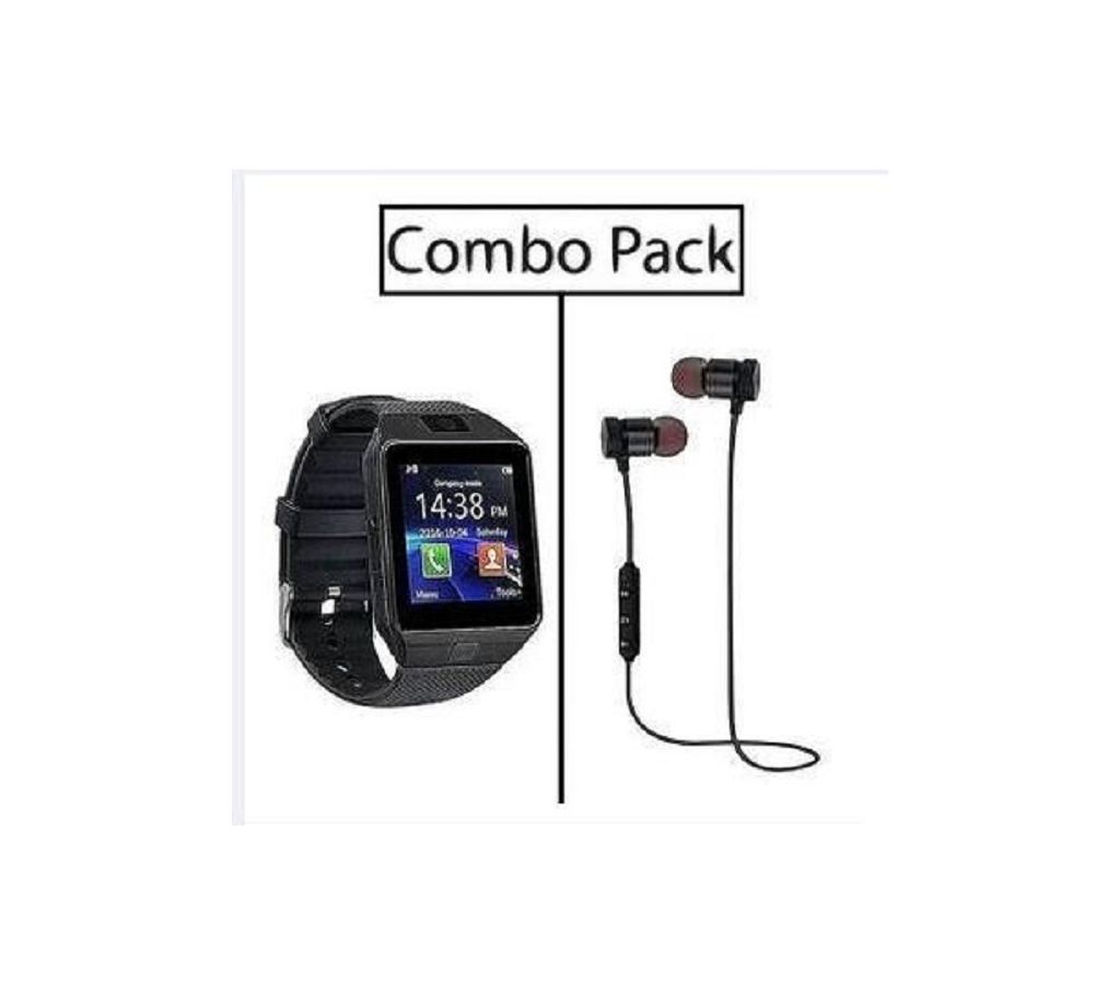 Combo of DZ09 Bluetooth Smart Watch and Stereo Super Bass Wireless Earphone - WLB
