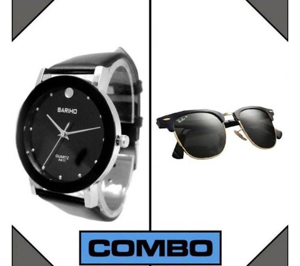 Black Bariho Stainless Steel Watch (Copy) + Sunglasses