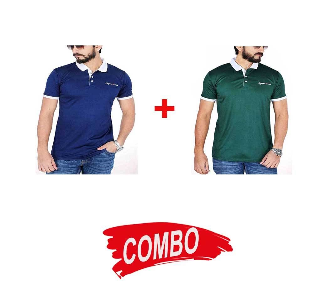 Navy Blue Micro Cotton Short Sleeve Polo shirt For Men + Green Micro Cotton Short Sleeve Polo shirt For Men Combo Offer 