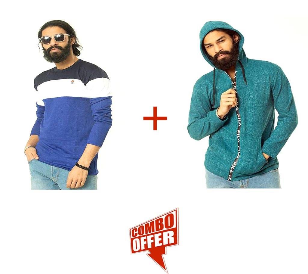 PMenz Cotton Hudy + Full Sleeve T-Shirt Blue Combo Offer 