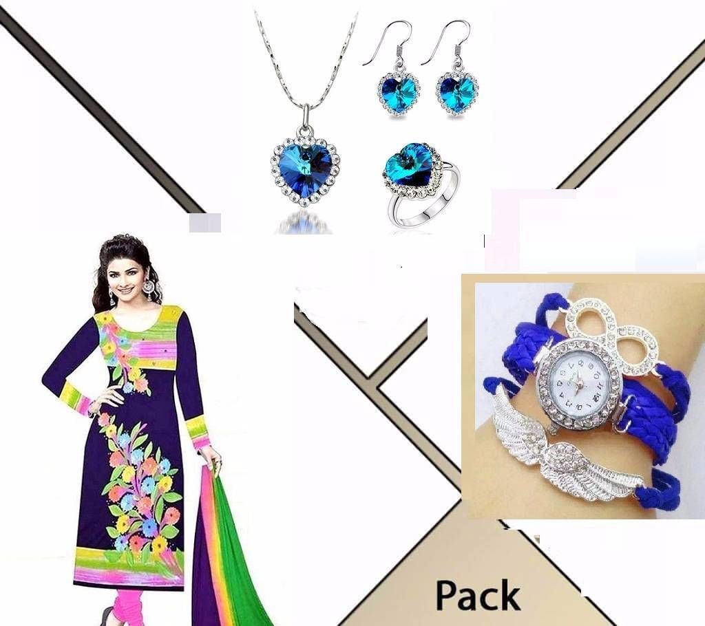 Unstitched Salwar Kameez, Necklace & Watch Combo