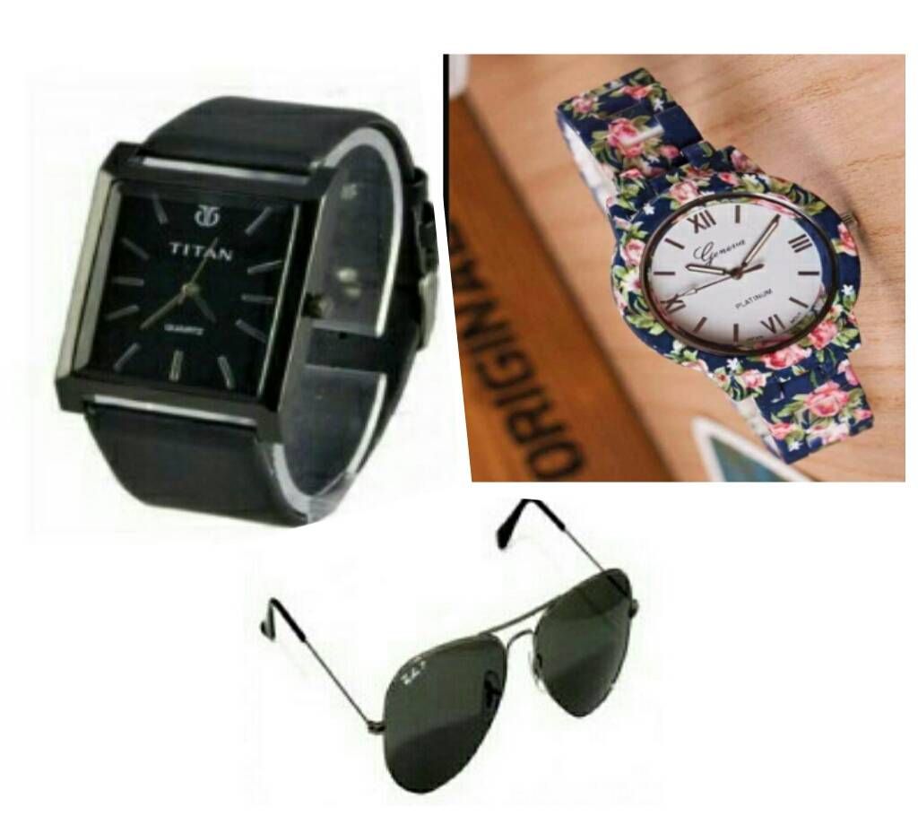 TITAN Gents Watch (copy) + Floral Ladies watch + Ray ban Sunglasses (copy) combo offer 