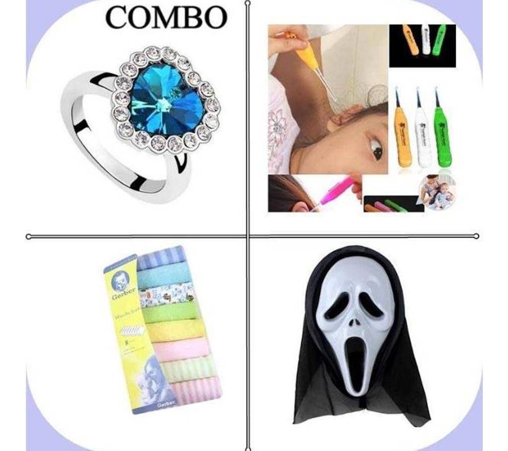Titanic Heart Shaped Finger Ring for Ladies + LED ear Pick for Kids + 8 Piece Towel Set for Baby + Ghost Mask Combo Offer