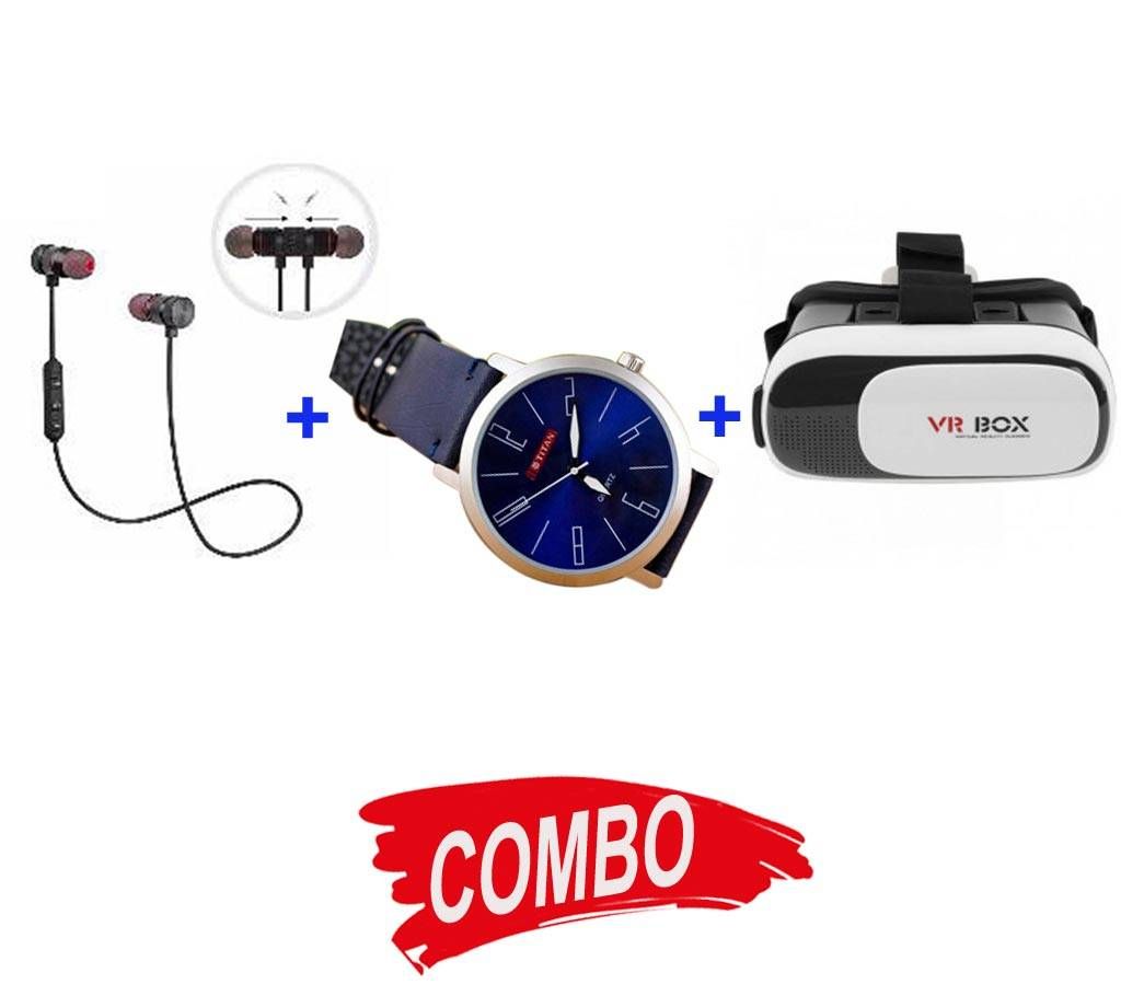 VR BOX+BMI-MAGNET WIRELESS STERIO BLUETOOTH EARPHONE+BLUE PU LEATHER ANALOG WATCH FOR MEN Combo Offer 