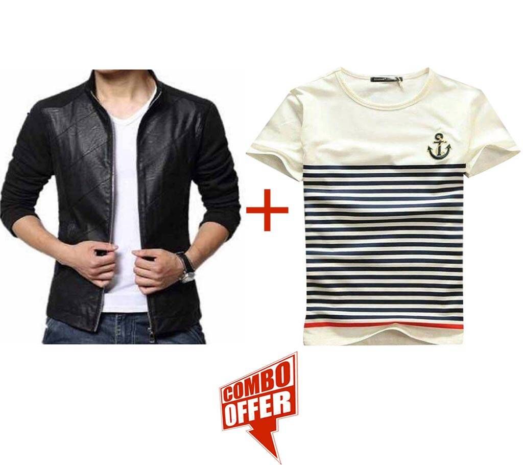 Full Sleeve Gents Artificial Lether Jaket+Men's Round Neck T-Shirt Combo Offer 