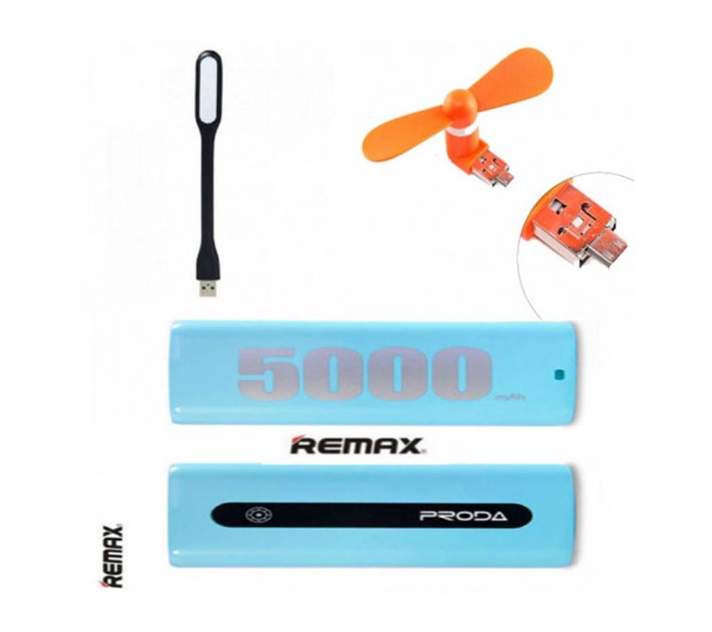 Combo of REMAX 5000mAh PRODA Power Bank+OTG Fan+USB Lamp