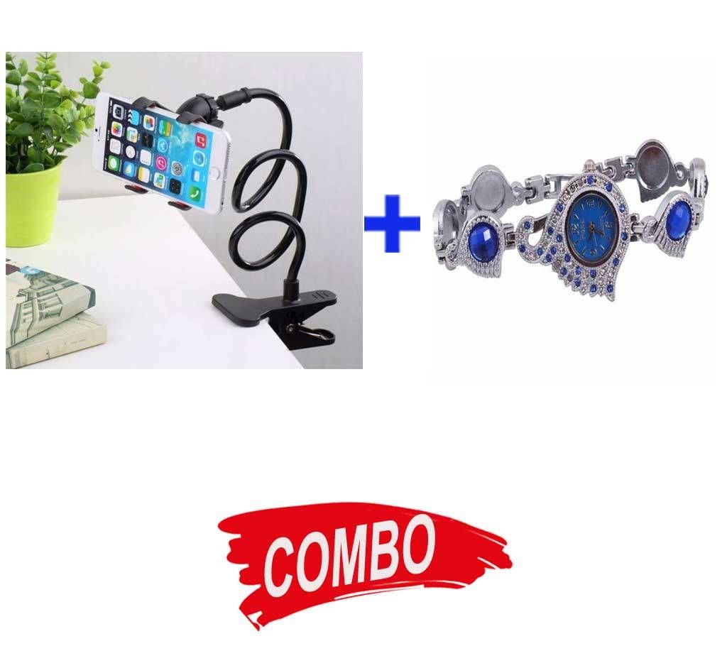 Universal mobile phone holder + Peacock Watch for Women (blue) - Combo Offer