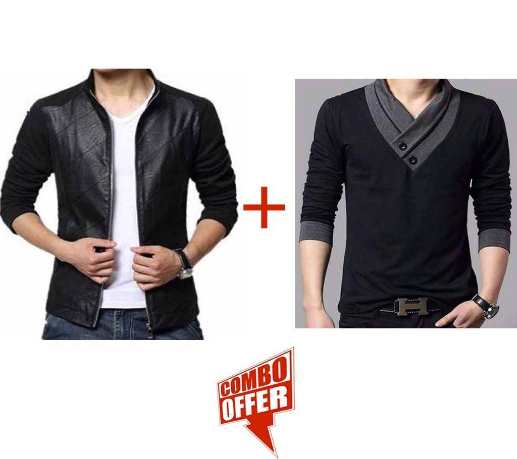 Full Sleeve Gents Artificial Lether Jaket+Gents Full Sleeve Tshirt
 Combo Offer 