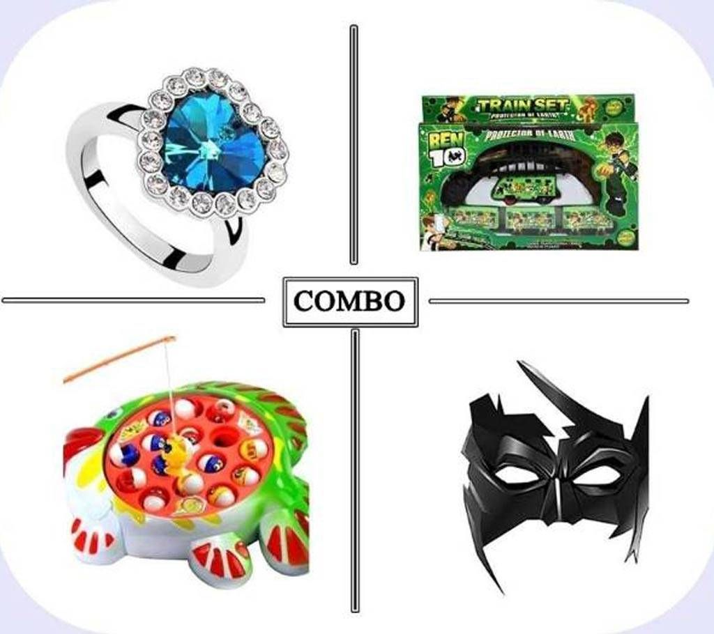 Titanic Heart Shaped Finger Ring For Ladies + Catching Fish Toy For Kids + Krrish Mask For Kids + Train Set Toy Combo Offer