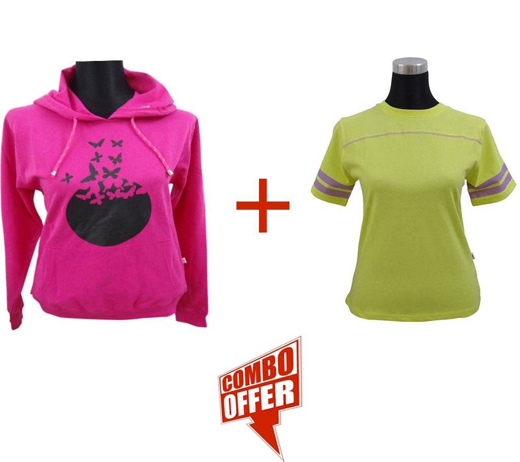 Fuchsia Ladies Hoodie + Lemon Verbena Ladies Stretched T-Shirt Combo Offer 