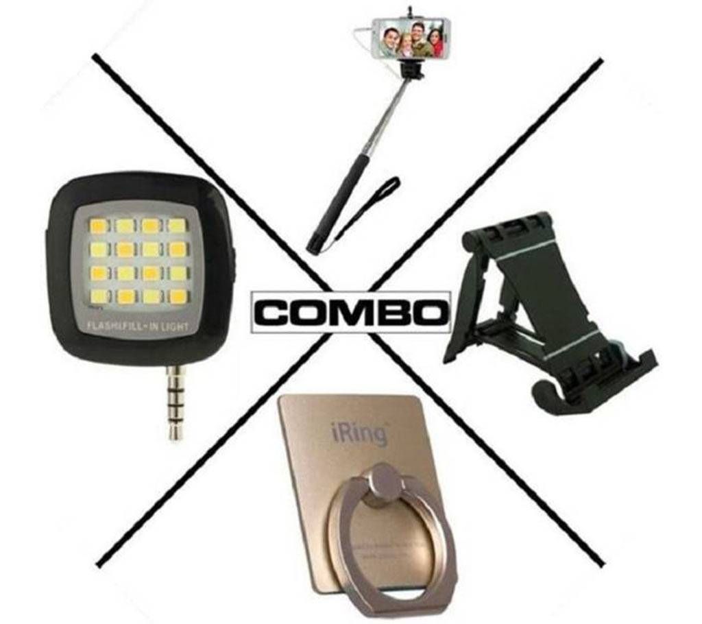 selfi stick+ LED light+ mobile stand and ring combo 