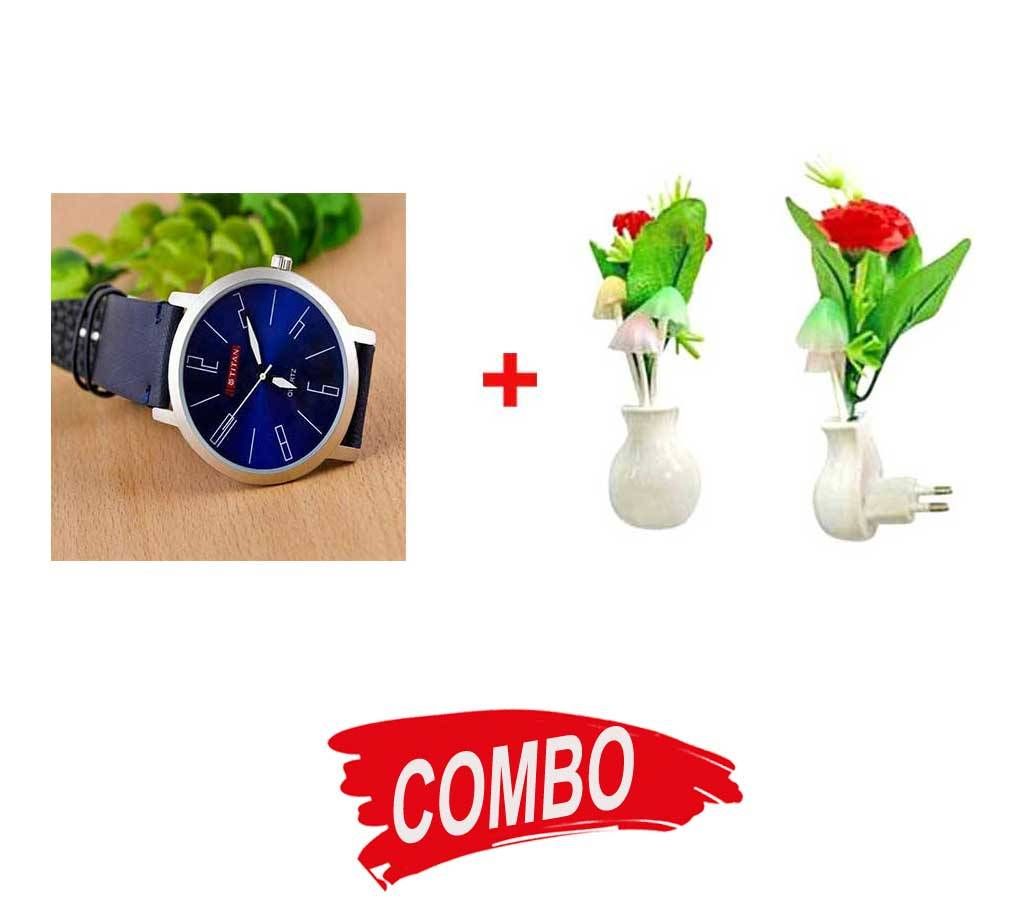 LED Sensor Light + Gents BLUE PU LEATHER ANALOG WATCH - Combo Offer
