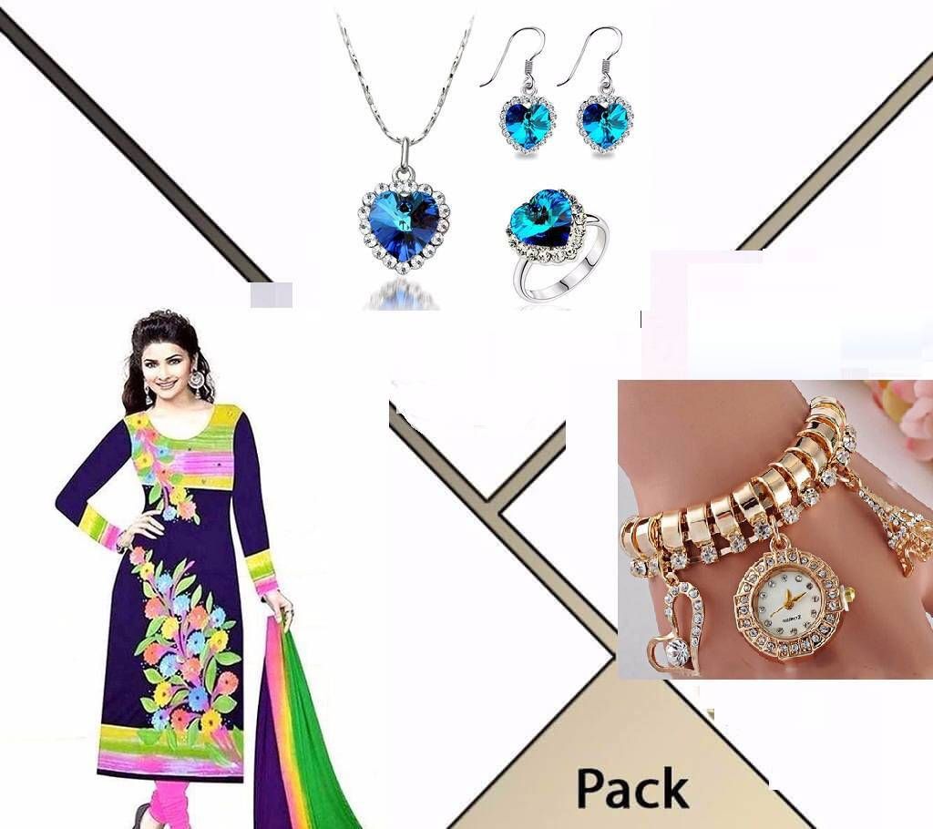 Unstitched Salwar Kameez, Pendant & Watch Combo