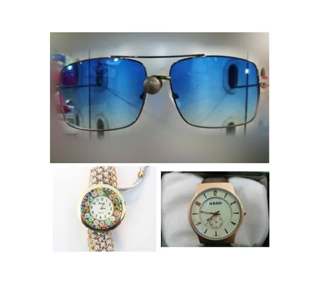 Combo Of Gents Sunglasses + Couple Watch 