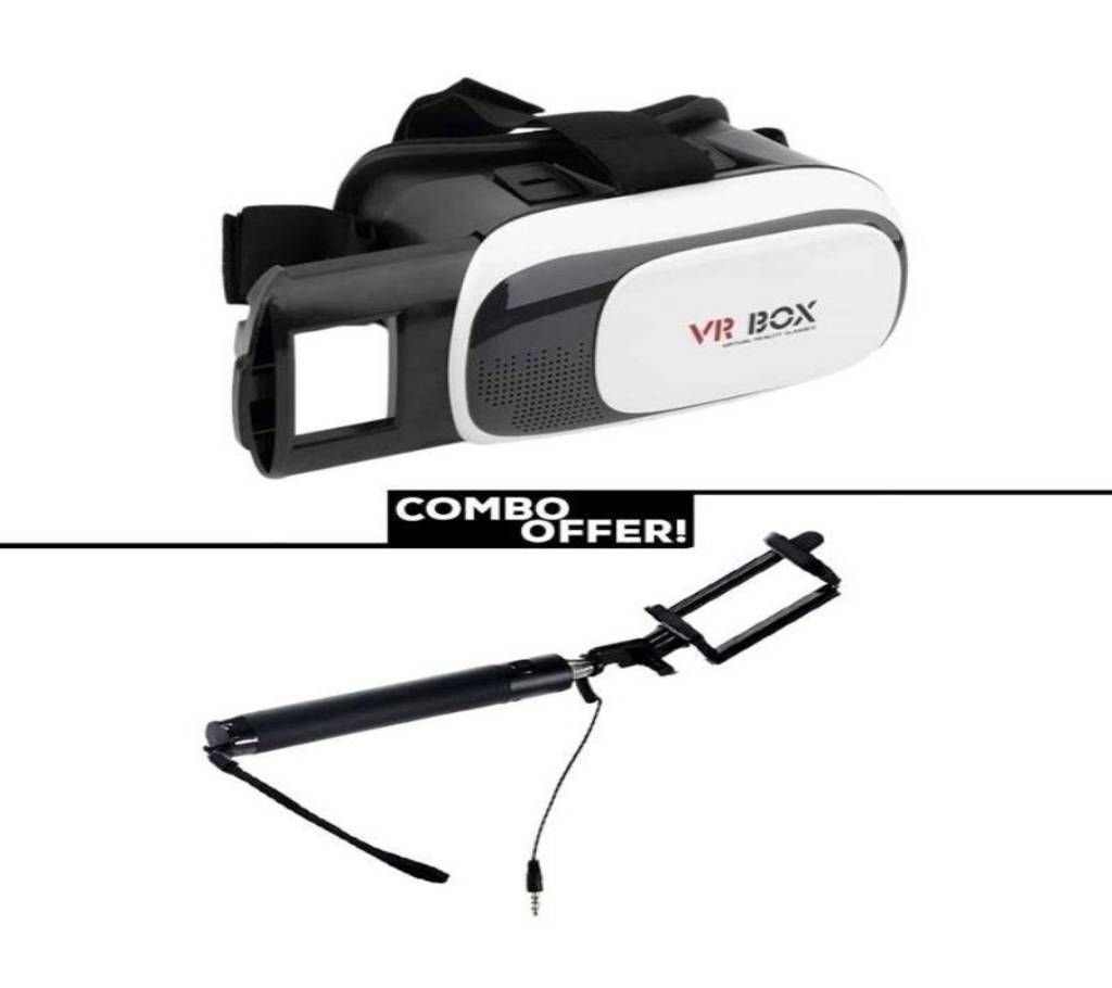 Combo Offer VR BOX 3D Smart Glass and Selfie Stick 