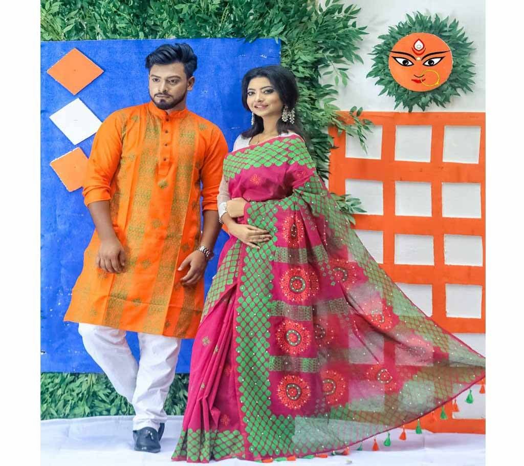 Half Silk Saree Panjabi and Dhuti Combo