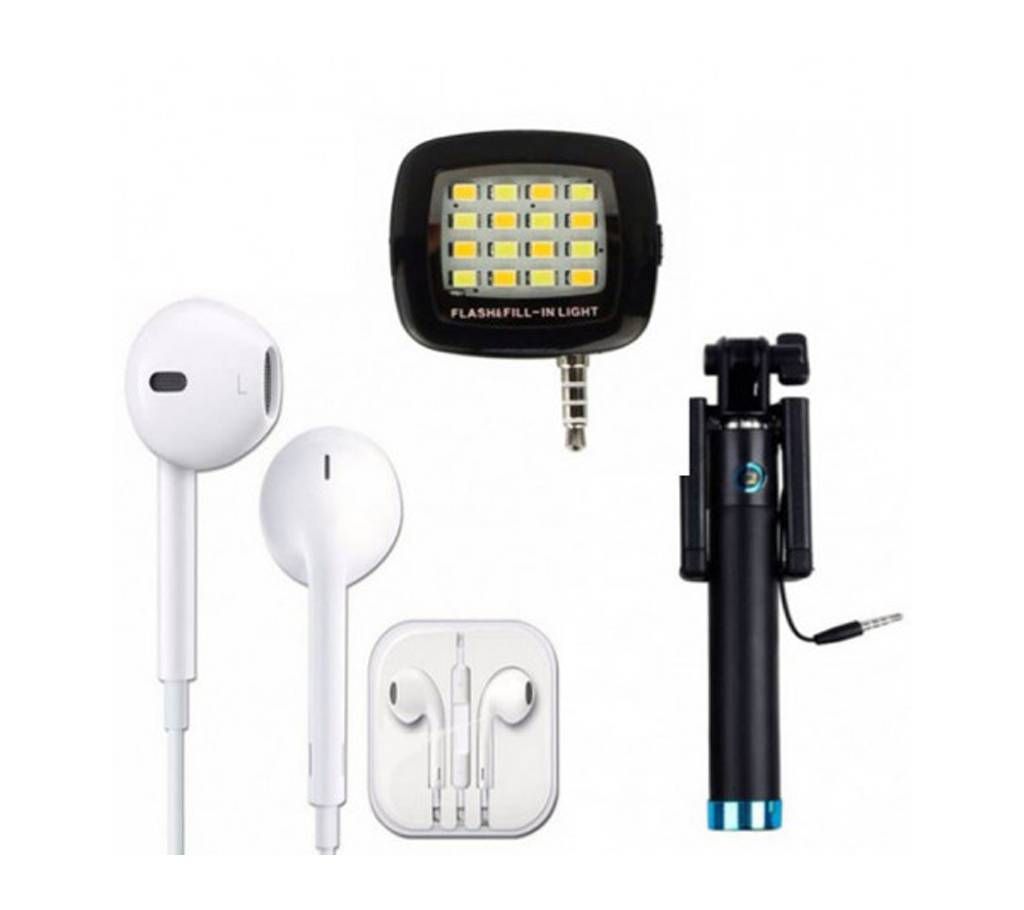 Combo of Selfie flash light+ Selfie Stick + Apple earphone (replica)