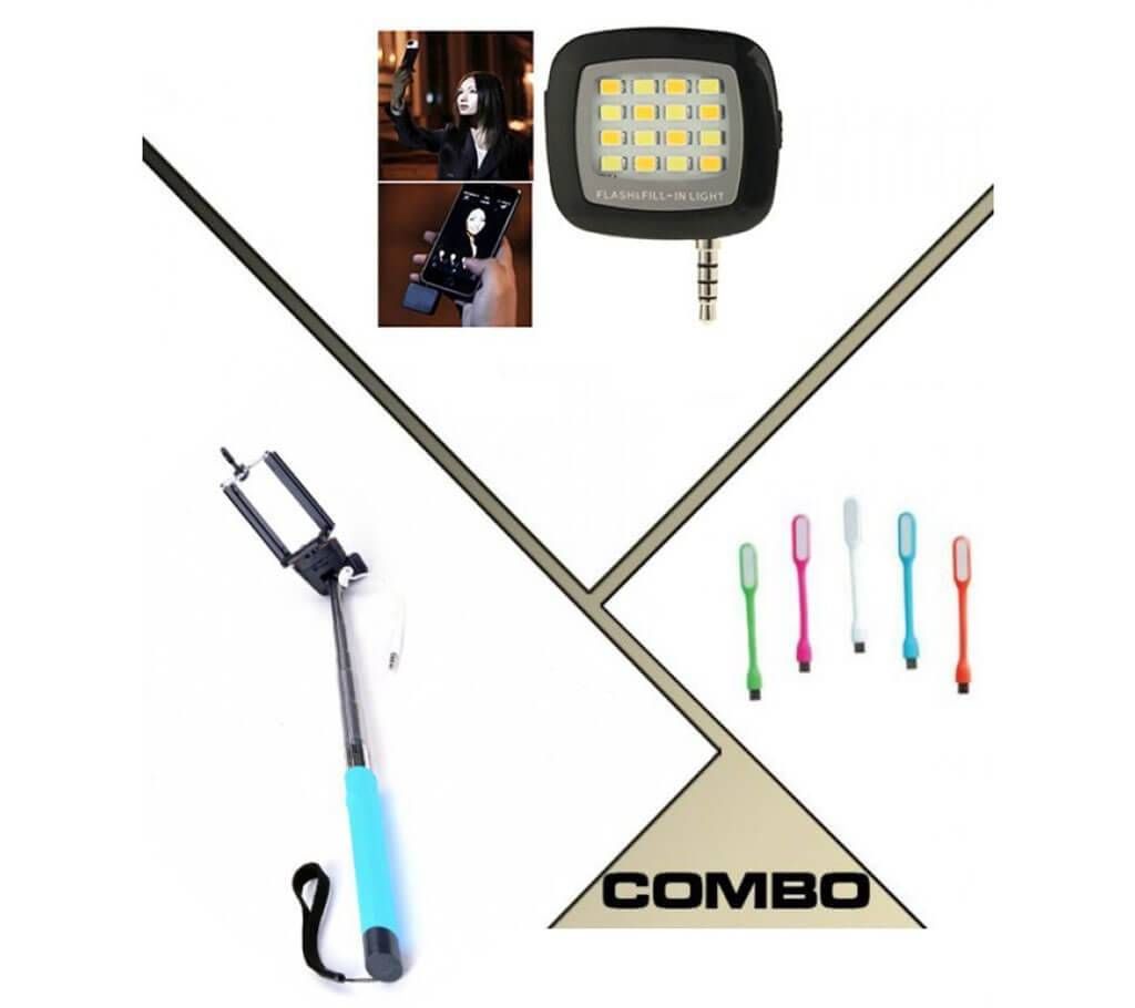3 in 1 combo of Selfie Stick+ Selfie Flash+ USB LED Light 