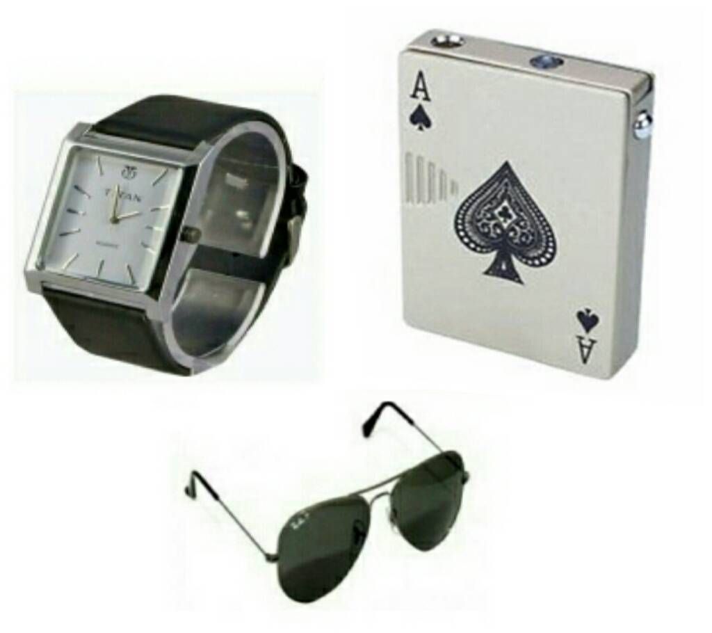 TITAN Gents Watch (copy) + Poker Card Lighter With Money Tester Light + Ray Ban Sunglasses (Copy) Combo Offer