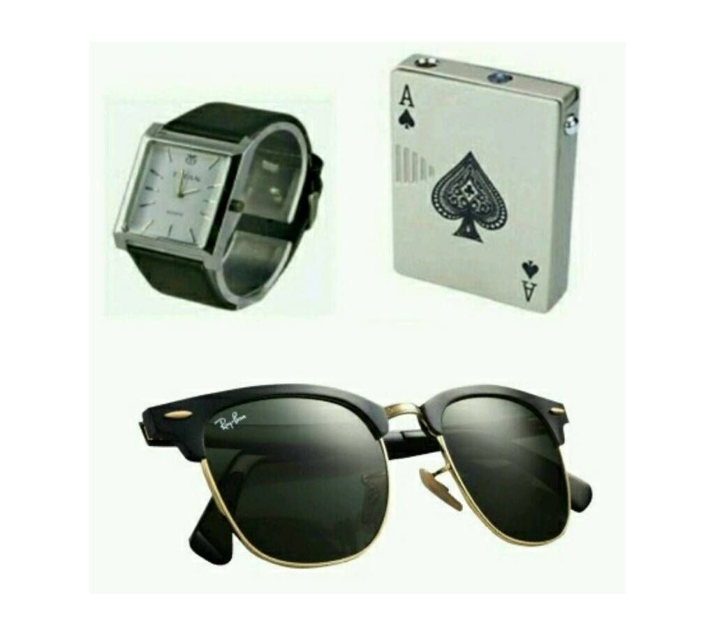 TITAN Gents Wrist Watch (Copy) + Poker Card Lighter With Money Tester Light + Ray Ban Sunglasses For Men (Copy) Combo Offer