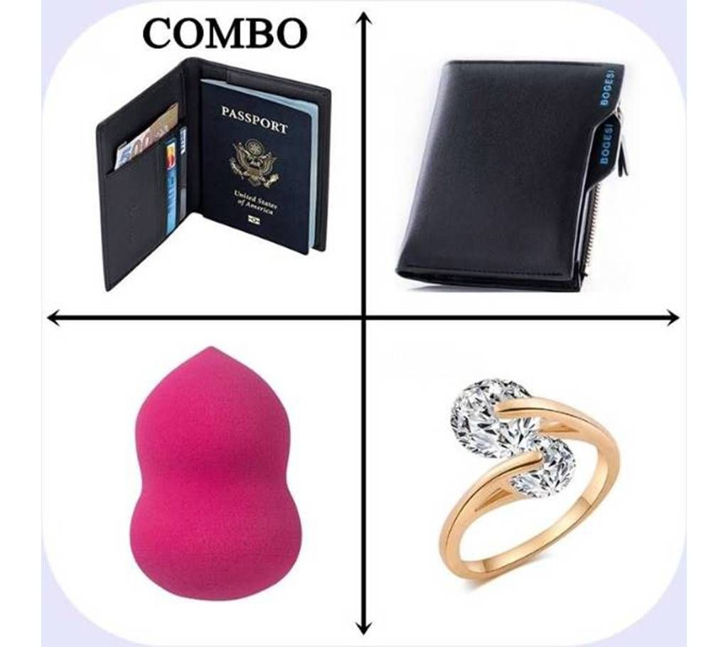 Leather Passport Cover + Wallet + Finger Ring + Beauty Blender Sponge Combo