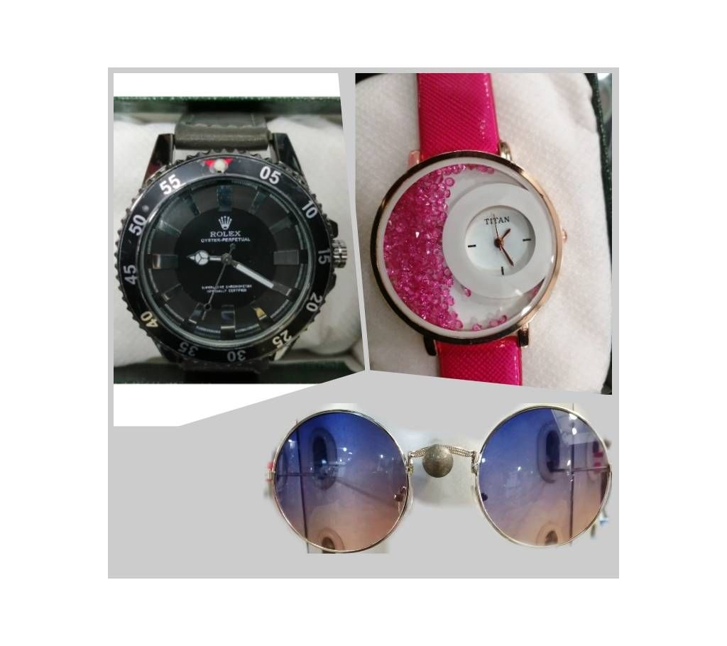 Rolex Gents Wrist watch (Copies) + Ladies wrist Watch + Gents Metal Frame Sunglasses Combo Offer