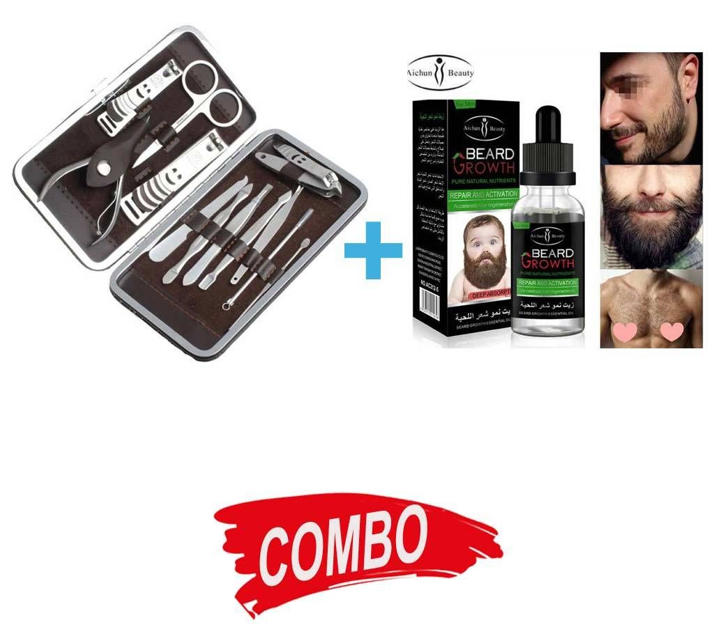 Manicure Pedicure 12 Pcs Set + Aichun Beauty Beard Growth Essential Oil 30ml - Combo Offer