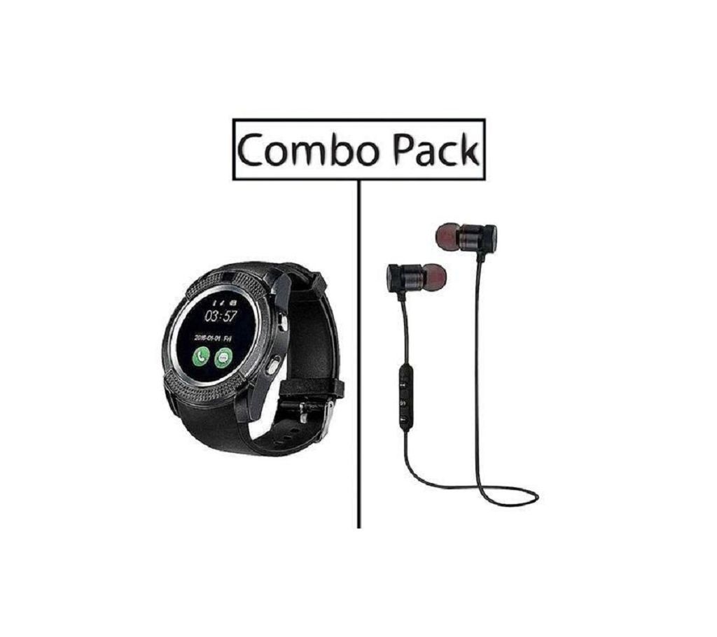 Combo of V8 Smart Watch and Stereo Super Bass Wireless Earphone - WLB