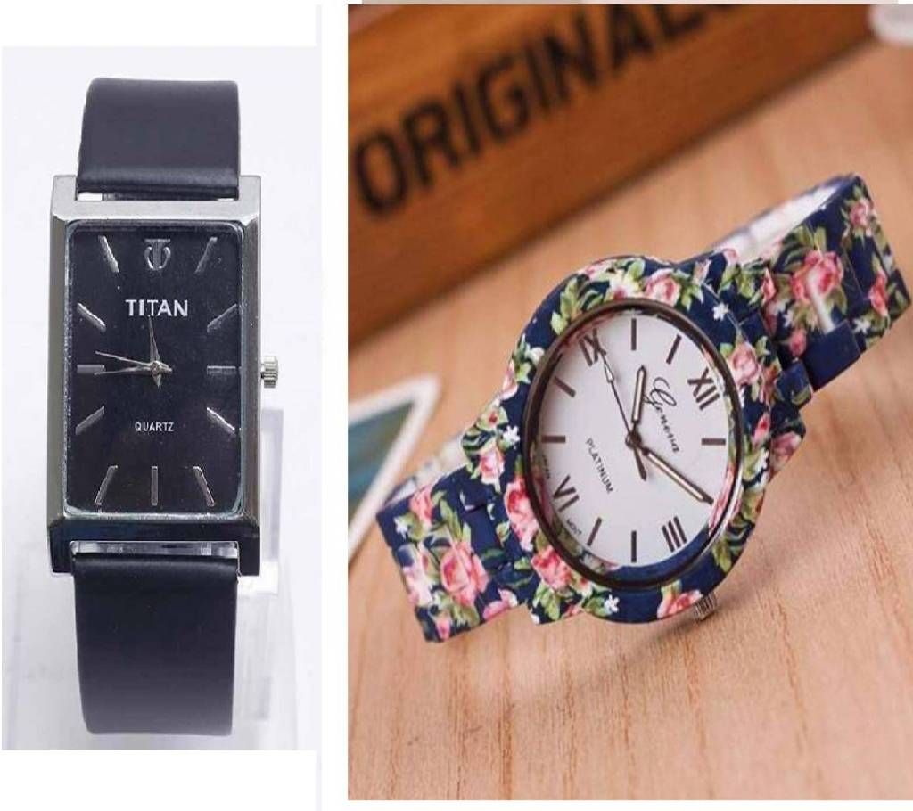 TITAN Gents Wrist Watch + Floral Print Ladies Wrist Watch
