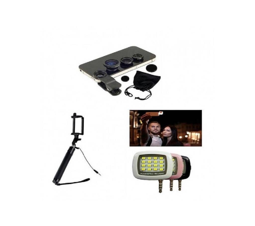 Combo Pack Universal Clip-on Lens and Selfie Stick and LED Flash Light