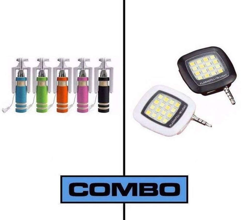 Combo Offer of Multicolor Selfie Stick and Black and White 16 LED Flash Light