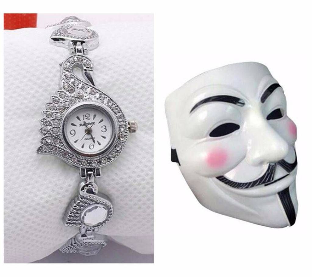 Peacock Watch For Women+Anonymous Mask Combo 