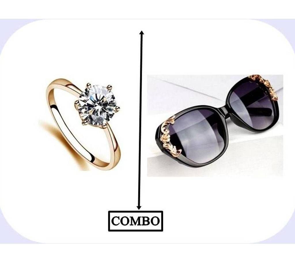 Rose Gold FingerRing & Women FashionSunglass Combo
