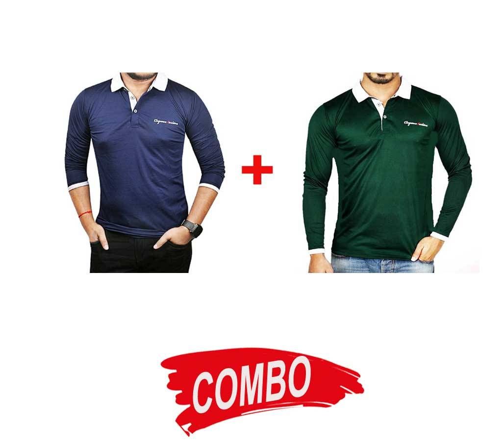 Green Micro Cotton Full Sleeve Polo shirt For Men + Gents Full Sleeve Micro Cotton Navy Blue Polo-Shirt For Men Combo Offer