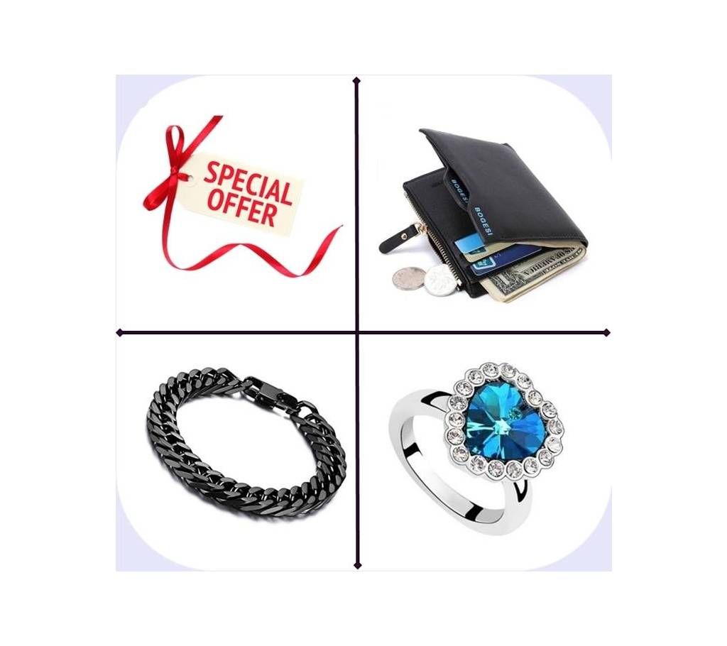 3 Combo of Lather Wallet + Stainless Steel Bracelet + Titanic Heart Shape Finger Ring