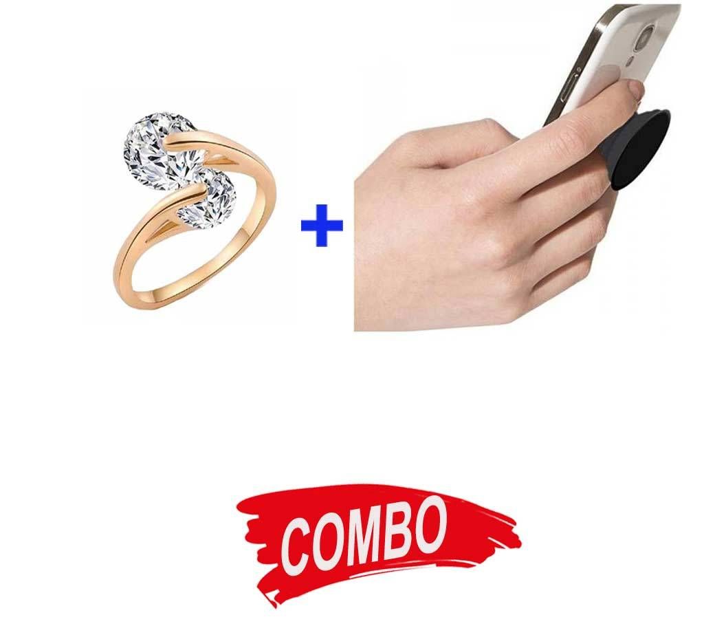 Diamond cut stone setting finger ring + PopSockets Phone Grip & Stand Combo Offer 