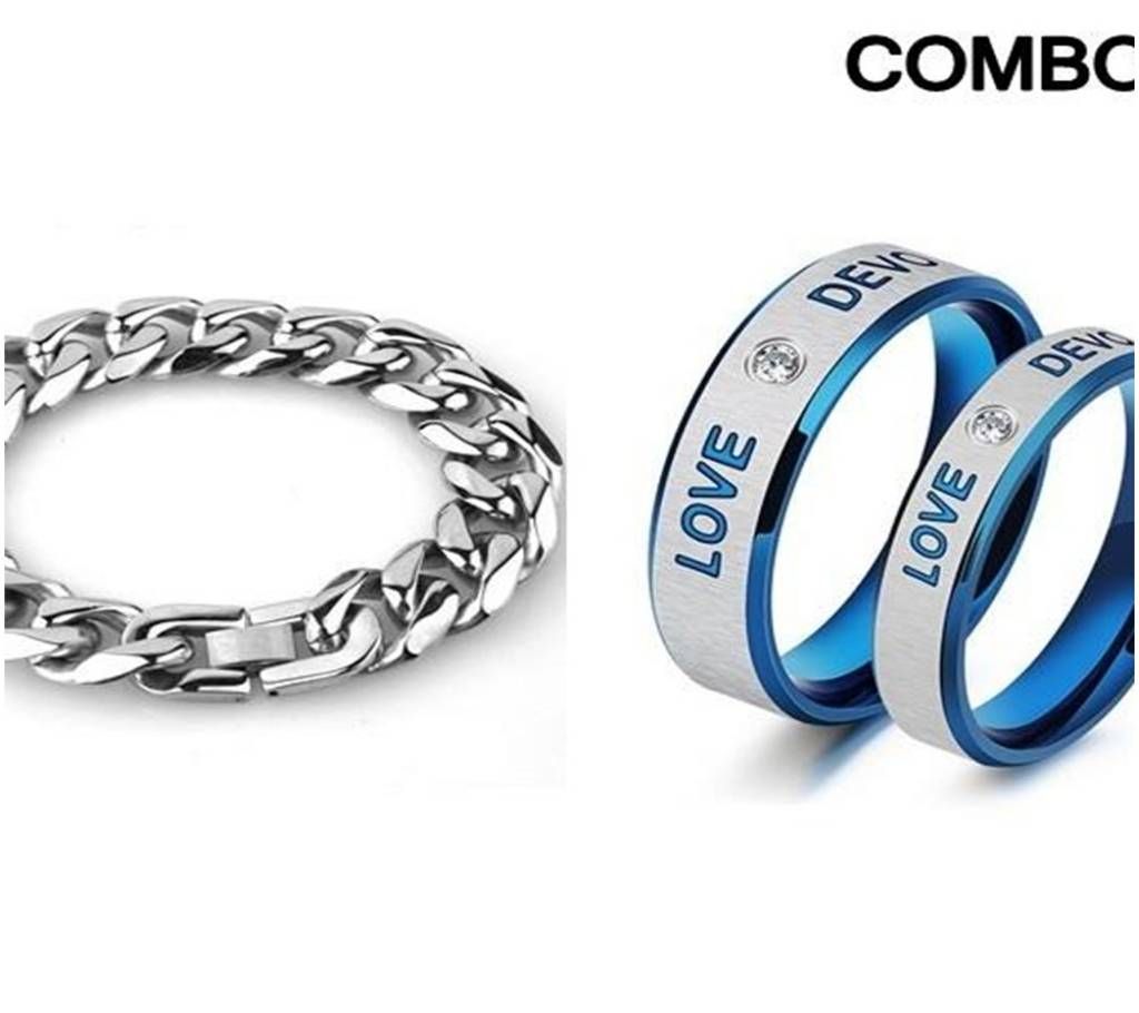 Stainless Steel Bracelet & Couple Finger Rings Combo