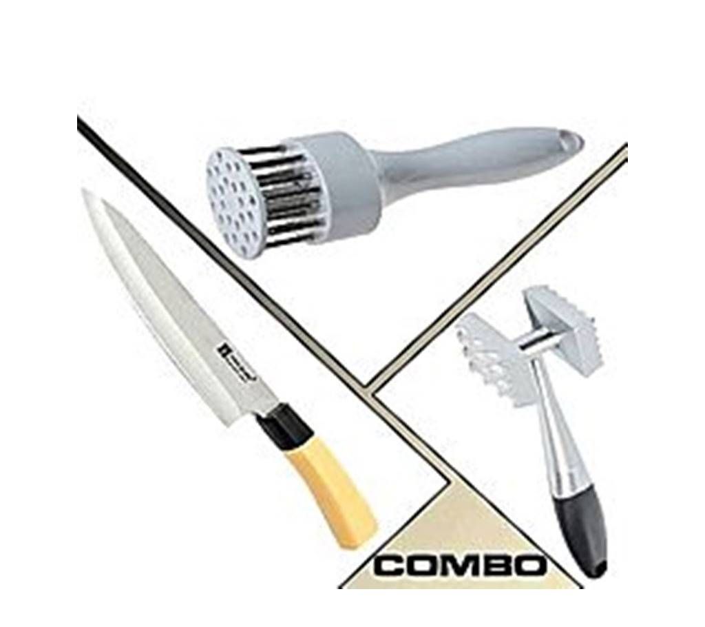 24 Bazaar Kitchen Knife and Meat Tenderizer and Meat Hammer Combo - White and Silver