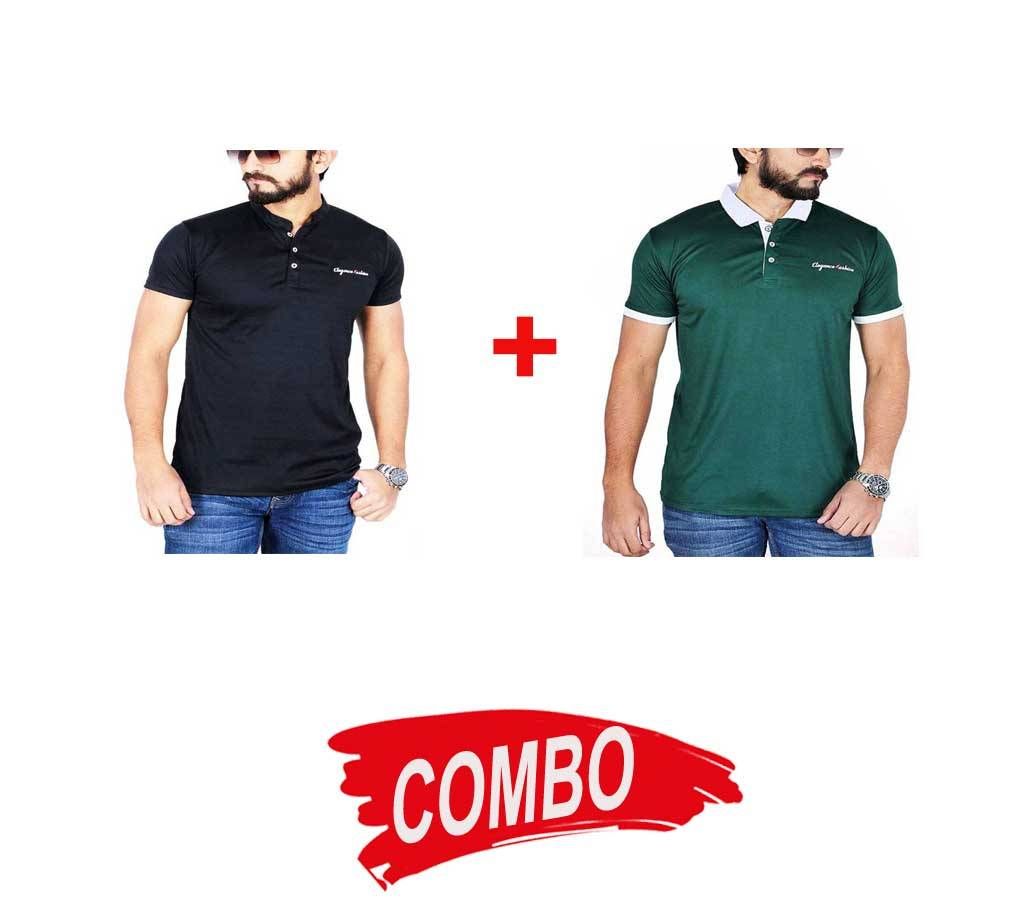 Green Micro Cotton Short Sleeve Polo shirt For Men + Black Micro Cotton Short Sleeve T-shirt For Men Combo Offer 
