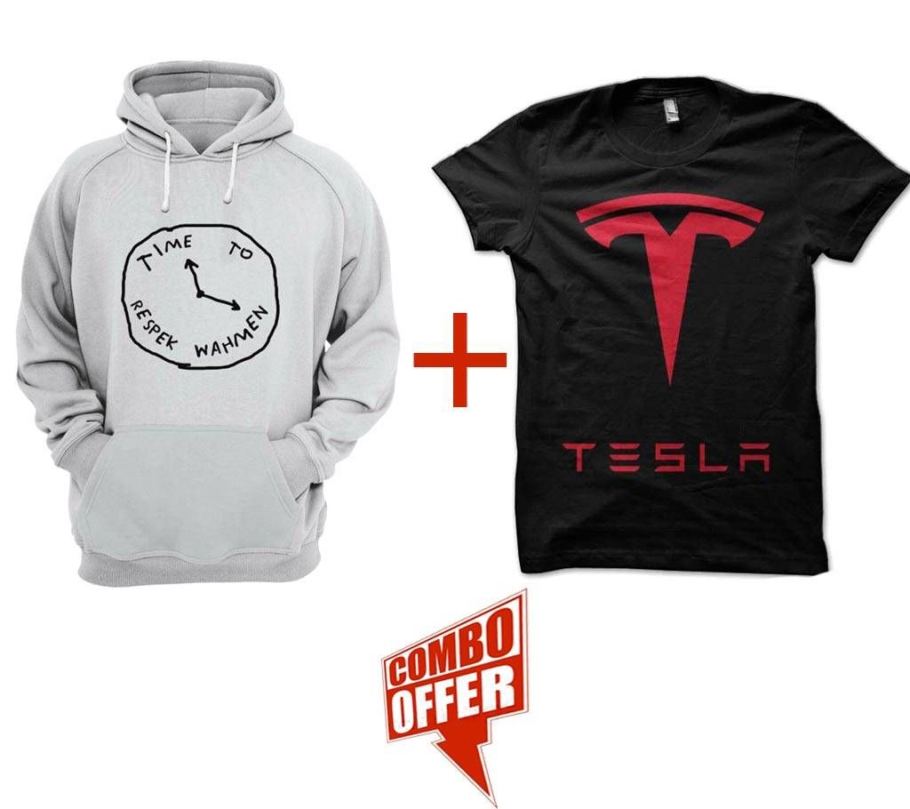 Time-Grey Melange-Mens-Hoodie +  Gents Summer T-Shirt - Tesla Combo Offer 