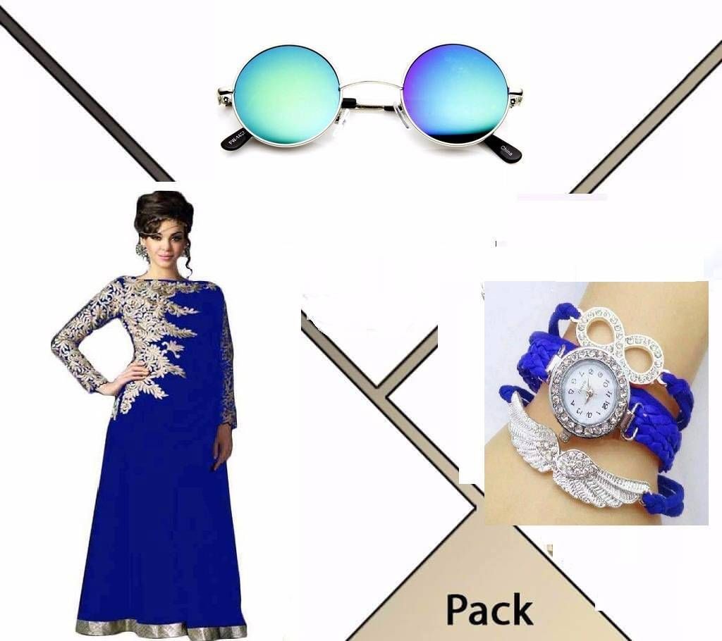 Unstitched Salwar Kameez, Sunglasses & Watch Combo