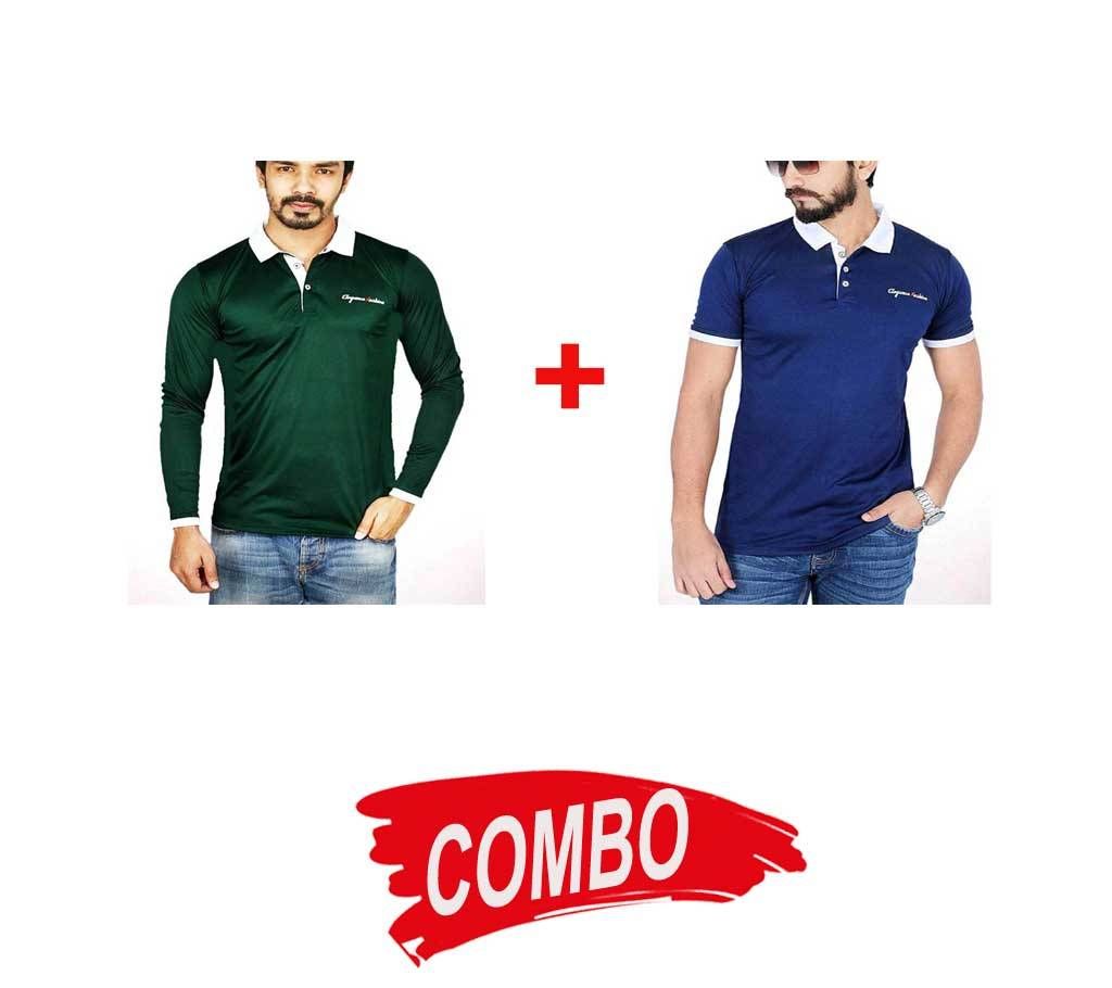 Navy Blue Micro Cotton Short Sleeve Polo shirt For Men  + Green Micro Cotton Full Sleeve Polo shirt For Men Combo Offer 